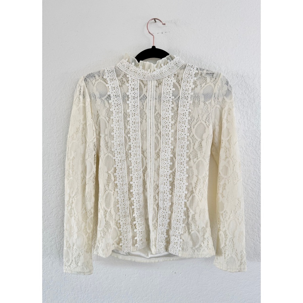 Vintage Lace Blouse Womens M‎ Cream Victorian High Neck Crochet Long Sleeve